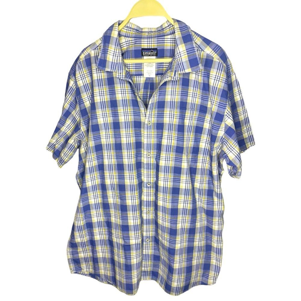 Patagonia shirt men’s blue yellow plaid organic cotton button up short sleeve XL